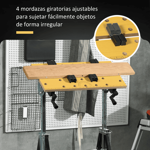 HOMCOM Bancada de trabalho ajustável em altura com 4 pinos giratórios com tabletes ajustáveis em ângulo e distância 65x60.5x85-110 cm Madeira natural e preta