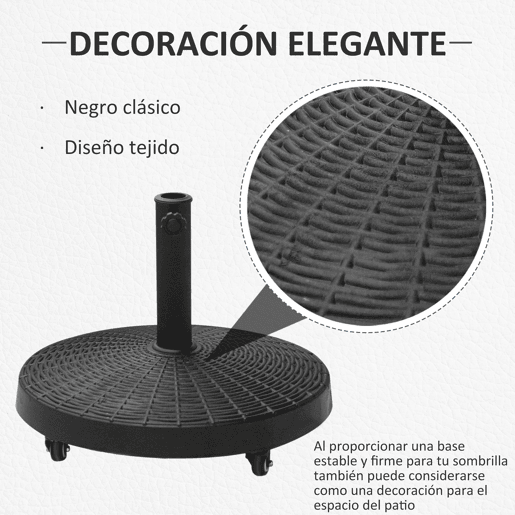 Outsunny Base para Chapéu de Sol Redonda Ø52 cm Suporte com Rodas e Peso de 22,7 kg Compatível com Postes Ø38 mm e Ø48 mm Ideal para Jardim, Pátio e Terraço Preto