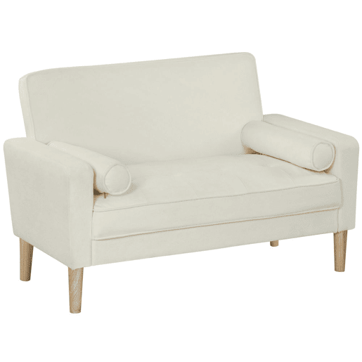 HOMCOM Sofá de 2 Lugares Estofado em Veludo Sofá Sala de Estar com Assento Capitonê e Pés em Madeira para Espaços Pequenos Quarto Sala de Estar Escritório 130x74,5x82 cm Creme