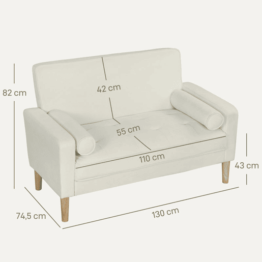 HOMCOM Sofá de 2 Lugares Estofado em Veludo Sofá Sala de Estar com Assento Capitonê e Pés em Madeira para Espaços Pequenos Quarto Sala de Estar Escritório 130x74,5x82 cm Creme