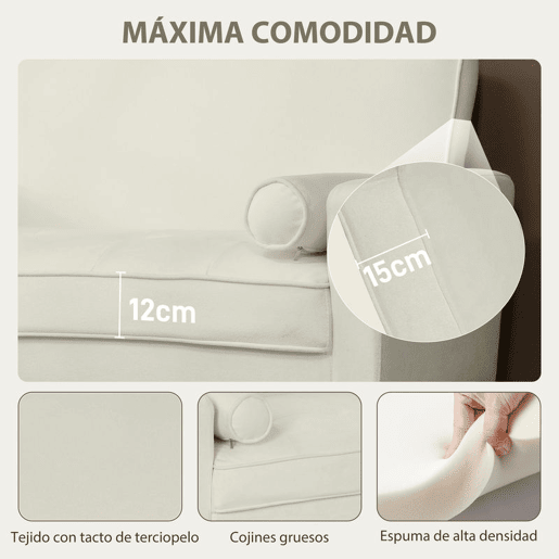 HOMCOM Sofá de 2 Lugares Estofado em Veludo Sofá Sala de Estar com Assento Capitonê e Pés em Madeira para Espaços Pequenos Quarto Sala de Estar Escritório 130x74,5x82 cm Creme