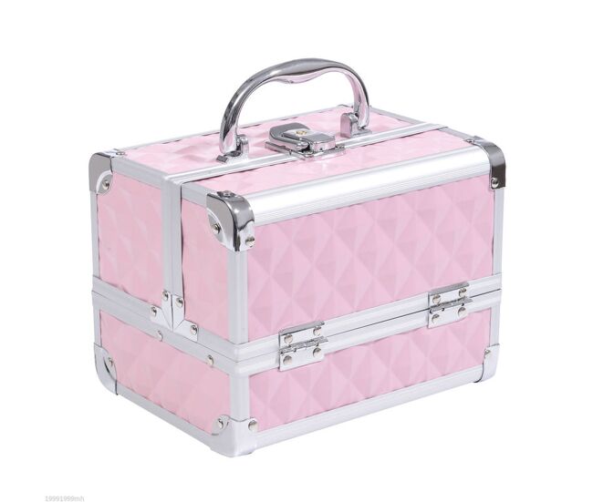 Homcom maletín de maquillaje organizador cosméticos profesional estuche de maquillaje caja de belleza portátil con espejo cerradura varios compartimientos 20x15x15cm aluminio rosa