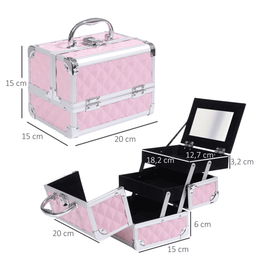 HOMCOM Estojo de Maquilhagem Organizador Cosméticos Profissional Estojo de Maquilhagem Portátil com Fecho e Vários Compartimentos 20x15x15 cm Rosa