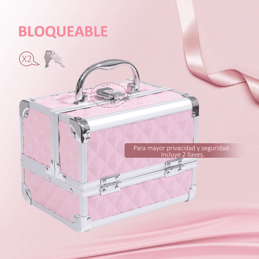 HOMCOM Estojo de Maquilhagem Organizador Cosméticos Profissional Estojo de Maquilhagem Portátil com Fecho e Vários Compartimentos 20x15x15 cm Rosa
