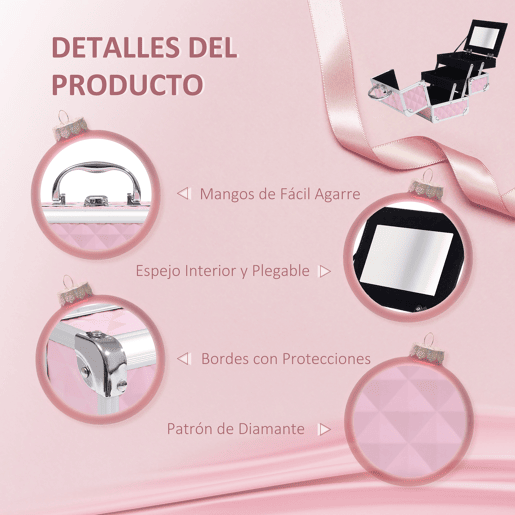 HOMCOM Estojo de Maquilhagem Organizador Cosméticos Profissional Estojo de Maquilhagem Portátil com Fecho e Vários Compartimentos 20x15x15 cm Rosa