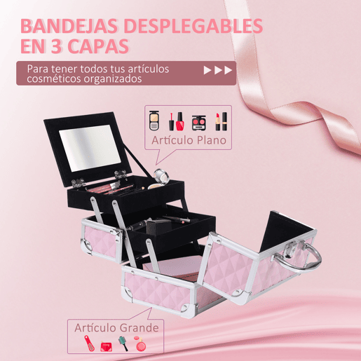 HOMCOM Estojo de Maquilhagem Organizador Cosméticos Profissional Estojo de Maquilhagem Portátil com Fecho e Vários Compartimentos 20x15x15 cm Rosa