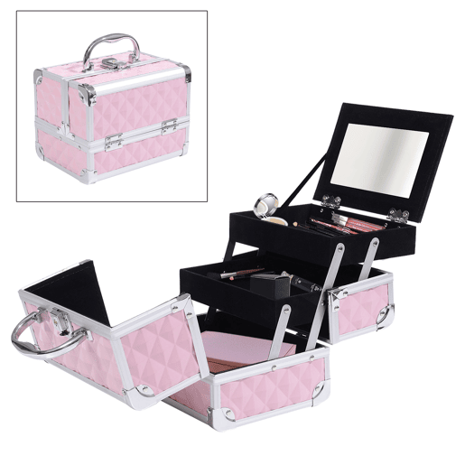 HOMCOM Estojo de Maquilhagem Organizador Cosméticos Profissional Estojo de Maquilhagem Portátil com Fecho e Vários Compartimentos 20x15x15 cm Rosa