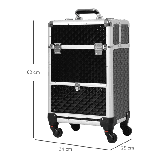 HOMCOM Mala de Maquilhagem Profissional com Gaveta Mala de Maquilhagem com Rodas para Viagem Trabalho 34x25x62 cm Preto