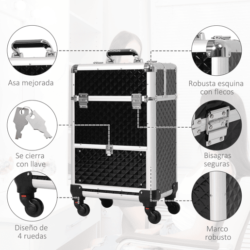 HOMCOM Mala de Maquilhagem Profissional com Gaveta Mala de Maquilhagem com Rodas para Viagem Trabalho 34x25x62 cm Preto