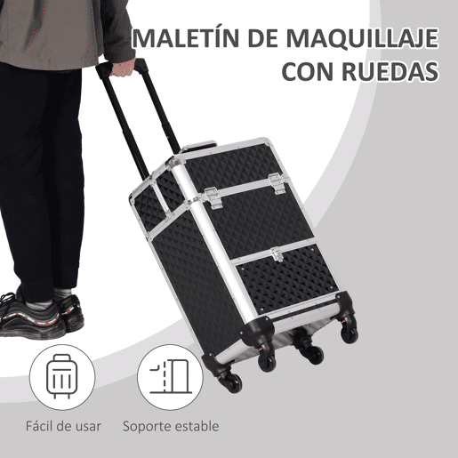 HOMCOM Mala de Maquilhagem Profissional com Gaveta Mala de Maquilhagem com Rodas para Viagem Trabalho 34x25x62 cm Preto