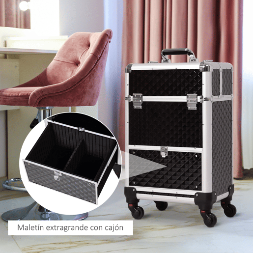 HOMCOM Mala de Maquilhagem Profissional com Gaveta Mala de Maquilhagem com Rodas para Viagem Trabalho 34x25x62 cm Preto