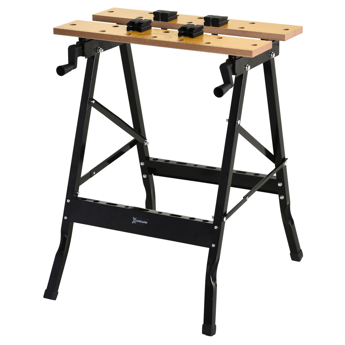 Durhand banco de trabajo plegable mesa de trabajo portátil con 4 abrazaderas agujeros para sierra uso doméstico carpintería hierro mdf soporta 70 kg 56x62x75 cm natural negro