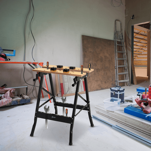 DURHAND Amazonas: Bancada de trabalho dobrável Mesa de trabalho portátil com 4 grampos Buracos para serra Uso doméstico Ferro para trabalhar madeira Suporte para MDF 70 kg 56x62x75 cm Natural Preto