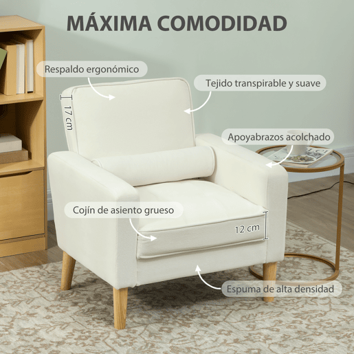 HOMCOM Poltrona Sala de Estar Poltrona Estofada em Veludo Poltrona de Leitura com Assento com Botões e Pés de Madeira para Quarto 76x79x82 cm Creme