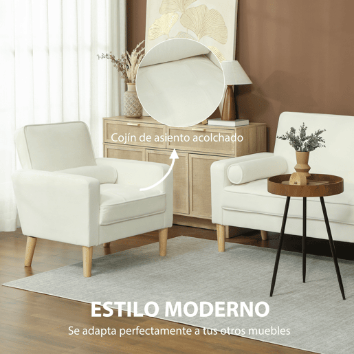 HOMCOM Poltrona Sala de Estar Poltrona Estofada em Veludo Poltrona de Leitura com Assento com Botões e Pés de Madeira para Quarto 76x79x82 cm Creme