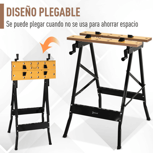 DURHAND Banco de Trabalho Dobrável 4 em 1, Mesa com 4 Grampos Ajustáveis, 2 Manivelas, 2 Painéis de MDF, para Garagem e Oficina, Suporta 100 kg, 62,5x60,5x78,5 cm, Natural e Preto