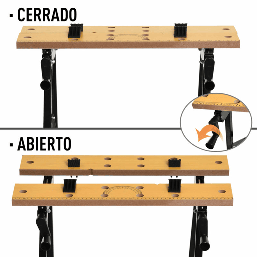 DURHAND Banco de Trabalho Dobrável 4 em 1, Mesa com 4 Grampos Ajustáveis, 2 Manivelas, 2 Painéis de MDF, para Garagem e Oficina, Suporta 100 kg, 62,5x60,5x78,5 cm, Natural e Preto