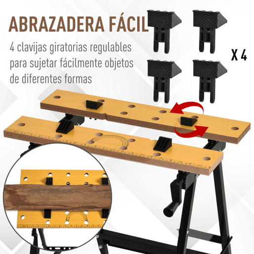 DURHAND Banco de Trabalho Dobrável 4 em 1, Mesa com 4 Grampos Ajustáveis, 2 Manivelas, 2 Painéis de MDF, para Garagem e Oficina, Suporta 100 kg, 62,5x60,5x78,5 cm, Natural e Preto