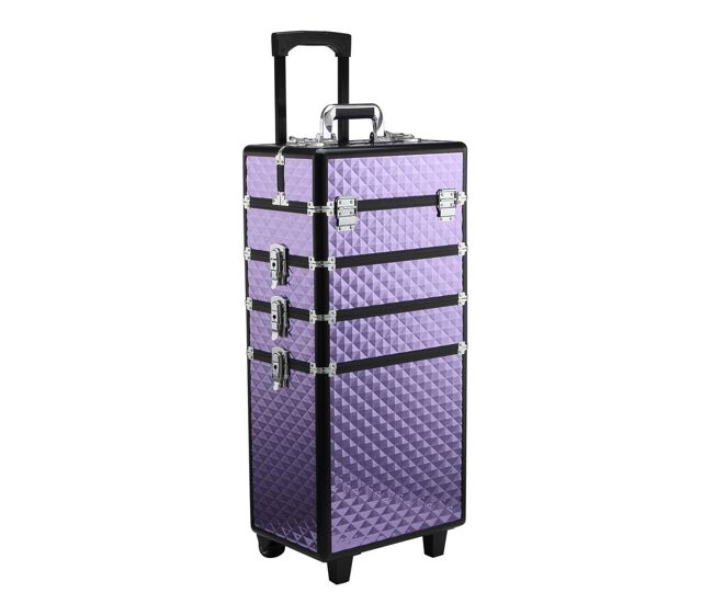 Homcom maletín de maquillaje profesional con ruedas universales distintos niveles asa extensible maletín maquillaje trolley aleación de aluminio 33.5x23x76/95.5 cm violeta