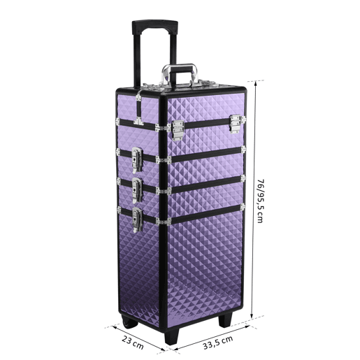 HOMCOM Mala de Maquilhagem Professional com Rodas Universais Mala de Maquilhagem com Diferentes Níveis Alça Extensível Trolley de Maquilhagem 33,5x23x76-95,5 cm Roxo