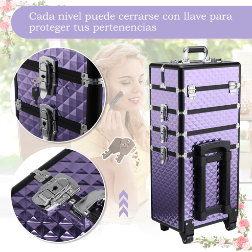 HOMCOM Mala de Maquilhagem Professional com Rodas Universais Mala de Maquilhagem com Diferentes Níveis Alça Extensível Trolley de Maquilhagem 33,5x23x76-95,5 cm Roxo