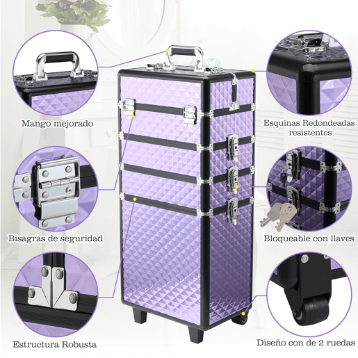 HOMCOM Mala de Maquilhagem Professional com Rodas Universais Mala de Maquilhagem com Diferentes Níveis Alça Extensível Trolley de Maquilhagem 33,5x23x76-95,5 cm Roxo
