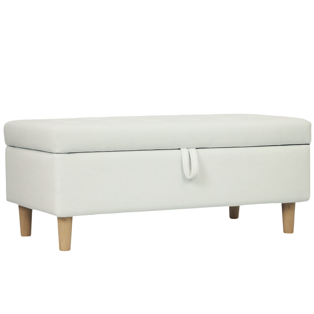 Homcom puff almacenaje baúl tapizado de terciopelo 100x50x43 cm con patas de madera capacidad 71l soporta 240 kg banco almacenaje para dormitorio pasillo salón blanco crema