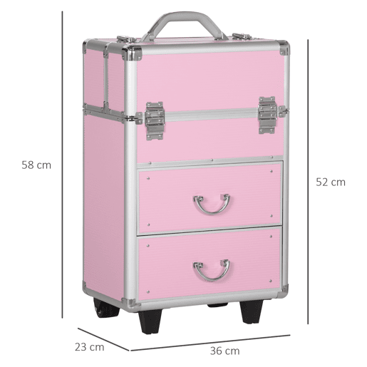 HOMCOM Mala de Maquilhagem Professional Mala para Cosméticos com Rodas 6 Gavetas Extensíveis Fechadura 2 Chaves e Alça Retrátil 36x23x58 cm Rosa
