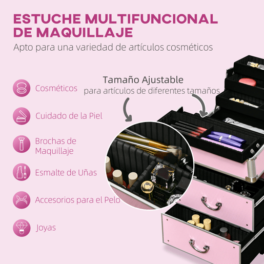 HOMCOM Mala de Maquilhagem Professional Mala para Cosméticos com Rodas 6 Gavetas Extensíveis Fechadura 2 Chaves e Alça Retrátil 36x23x58 cm Rosa