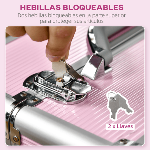 HOMCOM Mala de Maquilhagem Professional Mala para Cosméticos com Rodas 6 Gavetas Extensíveis Fechadura 2 Chaves e Alça Retrátil 36x23x58 cm Rosa