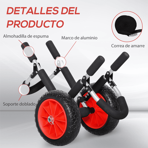 HOMCOM Carrinho de Transporte para Prancha de Surf Carrinho de Transporte Dobrável com 2 Rodas Carga Máxima 45 kg e Estrutura de Alumínio para Prancha de Surf com Espessura Inferior a 12,5 cm 64x55x38,5 cm Preto e Vermelho