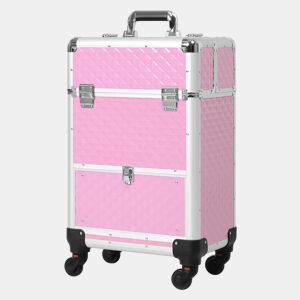HOMCOM Mala de Maquilhagem Profissional com Gaveta Mala de Maquilhagem com Rodas para Viagem Trabalho 34x25x62 cm Rosa