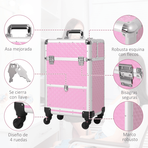 HOMCOM Mala de Maquilhagem Profissional com Gaveta Mala de Maquilhagem com Rodas para Viagem Trabalho 34x25x62 cm Rosa