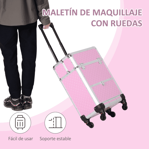 HOMCOM Mala de Maquilhagem Profissional com Gaveta Mala de Maquilhagem com Rodas para Viagem Trabalho 34x25x62 cm Rosa