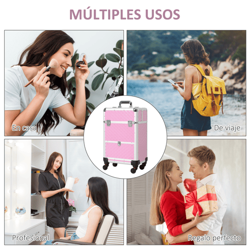 HOMCOM Mala de Maquilhagem Profissional com Gaveta Mala de Maquilhagem com Rodas para Viagem Trabalho 34x25x62 cm Rosa