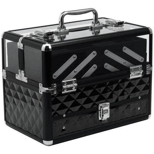 HOMCOM Estojo de Maquilhagem Bijuteria Organizador Cosméticos Portátil Múltiplos Níveis com Pega e Bandejas Desdobráveis Liga de Alumínio 30x18,5x22 cm Transparente e Preto