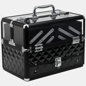 HOMCOM Estojo de Maquilhagem Bijuteria Organizador Cosméticos Portátil Múltiplos Níveis com Pega e Bandejas Desdobráveis Liga de Alumínio 30x18,5x22 cm Transparente e Preto