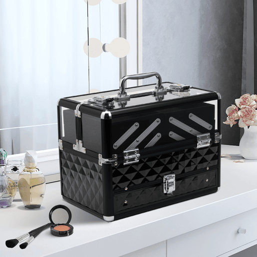 HOMCOM Estojo de Maquilhagem Bijuteria Organizador Cosméticos Portátil Múltiplos Níveis com Pega e Bandejas Desdobráveis Liga de Alumínio 30x18,5x22 cm Transparente e Preto