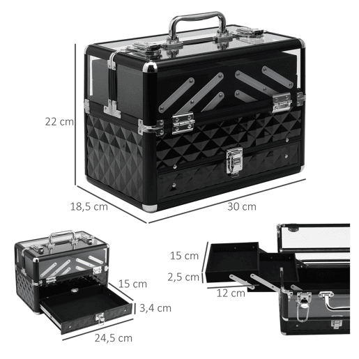 HOMCOM Estojo de Maquilhagem Bijuteria Organizador Cosméticos Portátil Múltiplos Níveis com Pega e Bandejas Desdobráveis Liga de Alumínio 30x18,5x22 cm Transparente e Preto