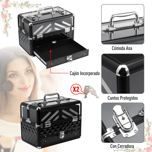 HOMCOM Estojo de Maquilhagem Bijuteria Organizador Cosméticos Portátil Múltiplos Níveis com Pega e Bandejas Desdobráveis Liga de Alumínio 30x18,5x22 cm Transparente e Preto