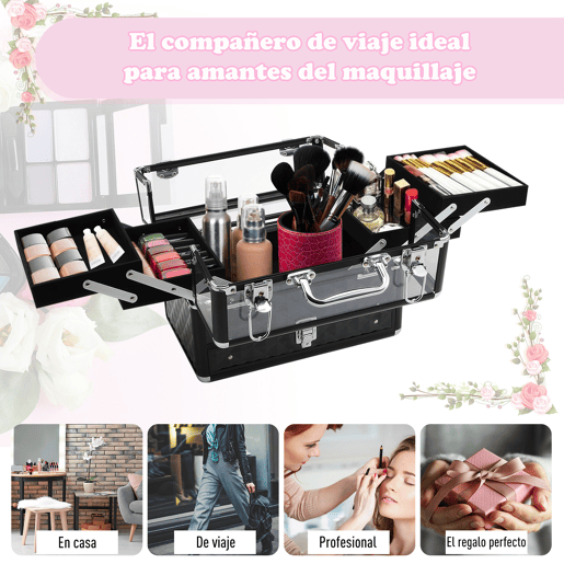 HOMCOM Estojo de Maquilhagem Bijuteria Organizador Cosméticos Portátil Múltiplos Níveis com Pega e Bandejas Desdobráveis Liga de Alumínio 30x18,5x22 cm Transparente e Preto