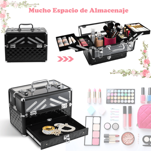 HOMCOM Estojo de Maquilhagem Bijuteria Organizador Cosméticos Portátil Múltiplos Níveis com Pega e Bandejas Desdobráveis Liga de Alumínio 30x18,5x22 cm Transparente e Preto