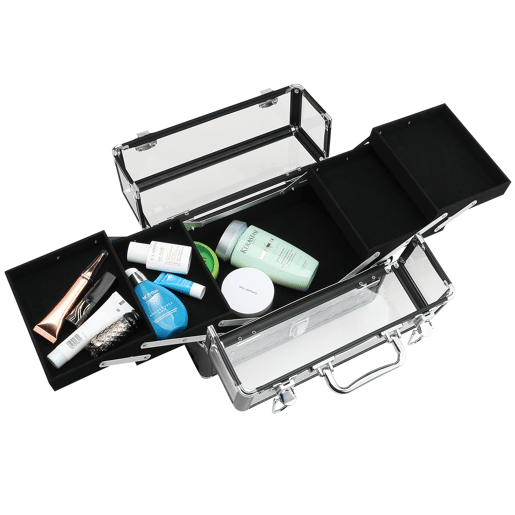 HOMCOM Estojo de Maquilhagem Bijuteria Organizador Cosméticos Portátil Múltiplos Níveis com Pega e Bandejas Desdobráveis Liga de Alumínio 30x18,5x22 cm Transparente e Preto