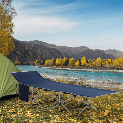 Outsunny Cama de Campismo Dobrável em Tecido Oxford 600D com 1 Bolso Lateral, Saco de Transporte e Estrutura de Aço, Suporta até 150 kg, Ideal para Praia e Caminhadas, 190x68x52 cm, Azul