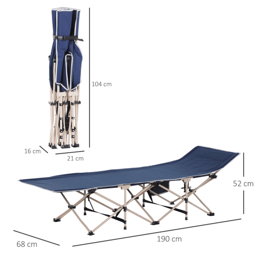Outsunny Cama de Campismo Dobrável em Tecido Oxford 600D com 1 Bolso Lateral, Saco de Transporte e Estrutura de Aço, Suporta até 150 kg, Ideal para Praia e Caminhadas, 190x68x52 cm, Azul