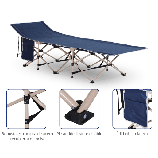 Outsunny Cama de Campismo Dobrável em Tecido Oxford 600D com 1 Bolso Lateral, Saco de Transporte e Estrutura de Aço, Suporta até 150 kg, Ideal para Praia e Caminhadas, 190x68x52 cm, Azul