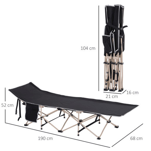 Outsunny Cama Dobrável de Camping em Tecido Oxford 600D com 1 Bolso Lateral, Bolsa de Transporte e Estrutura de Aço, Suporta até 150 kg, Ideal para Praia e Caminhadas, 190x68x52 cm, Preto