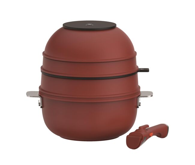 Masterpro share & play batería de cocina apilable de 10pcs, color rojo, mango extraíble, aluminio fundido, revestimiento cerámico, control térmico
