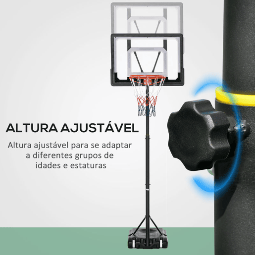 HOMCOM Tabela de Basquetebol para Exterior com Altura Ajustável 206-260 cm Cesta de Basquetebol com Rodas e Base Recarregável para Adolescentes e Adultos Preto