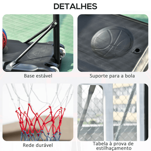 HOMCOM Tabela de Basquetebol para Exterior com Altura Ajustável 206-260 cm Cesta de Basquetebol com Rodas e Base Recarregável para Adolescentes e Adultos Preto